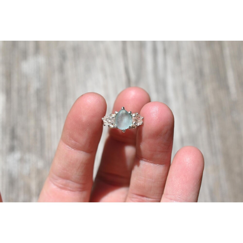 Engagement ring Lake county diamond and blue beach glass  sterling silver size 3